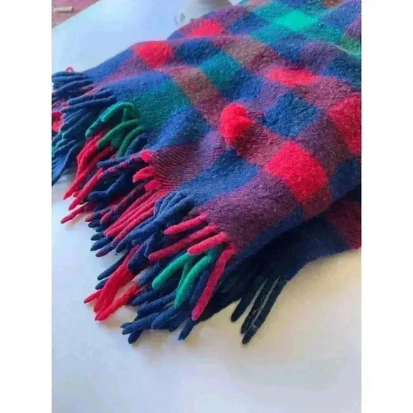 Wool plaid stadium throw | plaid red blue green | fringe 1960 retro country - Picture 2 of 6